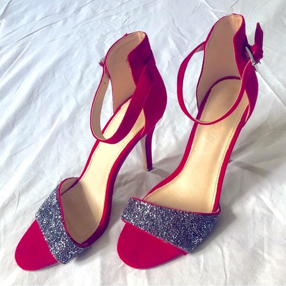 Aldo Red Suede Grey Crystal Accent High Heels Genuine Leather Insoles Size 40 EU - Picture 1 of 6